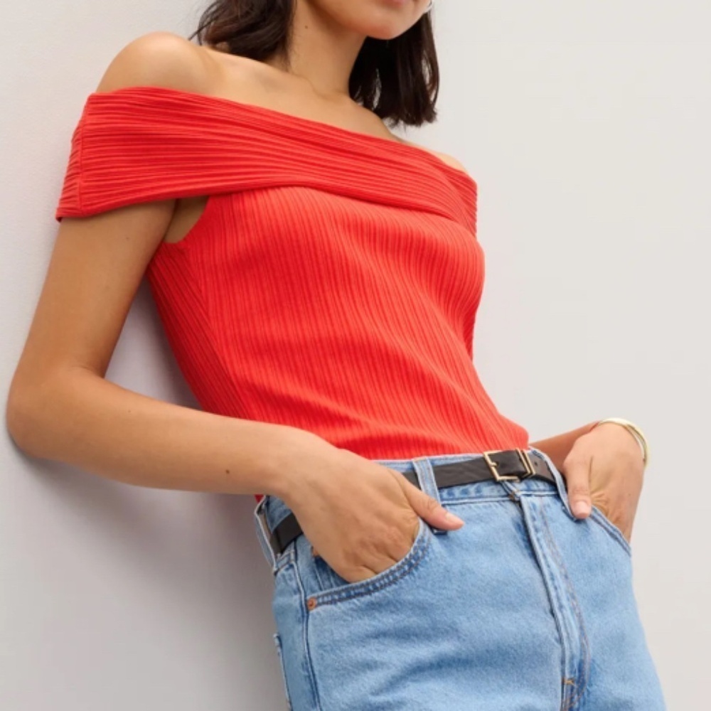 Madewell XXS Red Ribbed Off The Shoulder Top